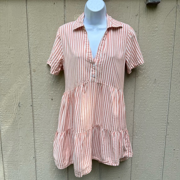 Japna Dresses & Skirts - Japna Striped Button Mini Dress Orange White Rayon Cotton V-Neck Collared S